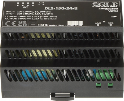 Напојување енергија DIN GLP DL2-150-24-U, 24V 150W, 6.25A, црно
