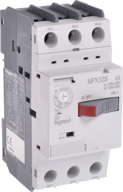 Ndërprerës magneto-termik motorik Legrand MPX3 32S, 2.5A deri 4A, kapacitet ndërprerës 100kA 415V, gri