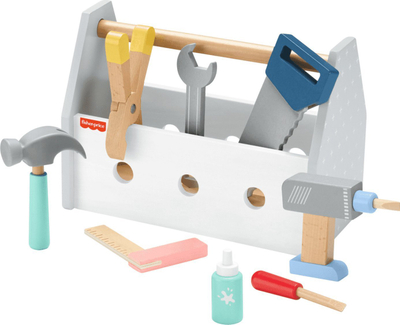Set veglash druri Fisher-Price Wooden Tool Box, 9 pjesë, lodër edukative, multikolor