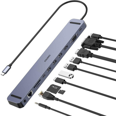 HUB Choetech, HUB-M20, USB-C, 3x USB-A 3.0, HDMI 4K, VGA, PD 100W, RJ45, приклучок, читач на картички
