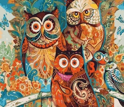 Сет слика по броеви Norimpex Patterned Owls, 40x50cm, со бои и четки, multicolor