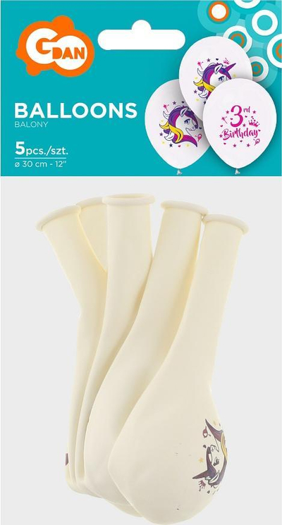Balona Godan Unicorn për 3-vjetorin, 30 cm, set me 5 copë, të bardha