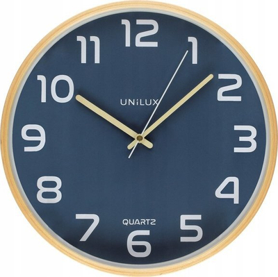 Orë murale UNILUX Baltic, 31.5 cm, kornizë druri blu, ciferblat shumëngjyrësh