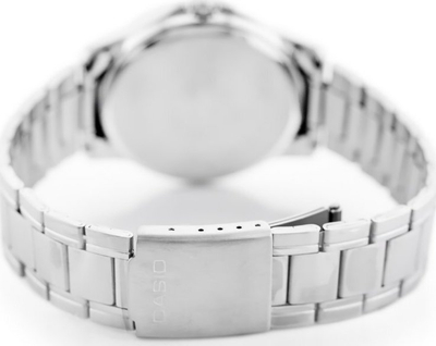 Ora dore Casio MTPV004D-1B, analog quartz, çelik inox, e argjendtë me kornizë të zezë