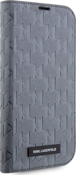 Këllëf telefoni Karl Lagerfeld KLBKP14SSAKLHPG për iPhone 14, tip libër, Saffiano Monogram, argjendtë
