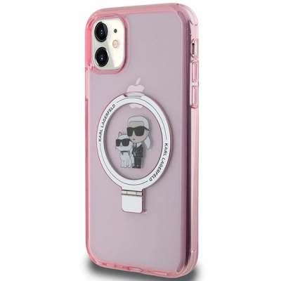 Mbrojtëse telefoni Karl Lagerfeld Ring Stand Karl &amp; Choupette MagSafe për iPhone 11 Xr 6.1", me unazë standi, rozë