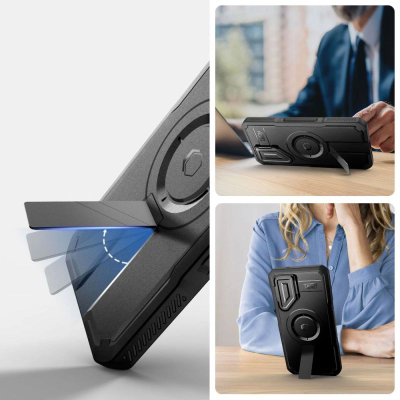 Mbulesë telefoni Tech-Protect Kevlar MagSafe+ Galaxy S25+, mbrojtje 360°, me këmbë mbështetëse, e zezë