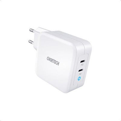 Полнач за ѕид Choetech PD 100W GaN, две порти USB C, со кабел USB C, бел