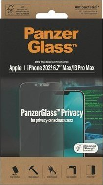 Mbrojtës ekrani PanzerGlass Ultra Wide Fit P2773, iPhone 14 Plus dhe 13 Pro Max 6.7", privatësi, antibakterial, transparent