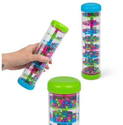 Lodër sensorike Rain Rattle, cilindër plastik, toptha shumëngjyrësh, transparente