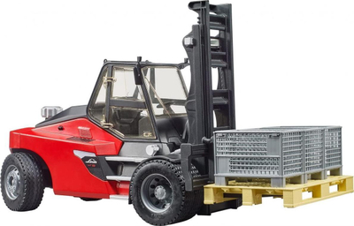 Lodër vinç forklift Bruder Linde HT160, shkalla 1:16, me paletë dhe shportë, portokalli