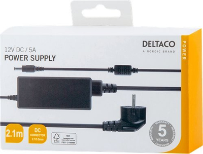 Adapter rryme Deltaco 12V 5A, hyrje 100-240V, kabllo 1.5m, i zi