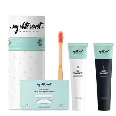 Set me dhurata My White Secret - Shiritë për zbardhimin e dhëmbëve 14 copë + Pastë dhëmbësh 2x65 g + Furçë dhëmbësh bamboo