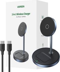 Karikues wireless Ugreen 90668, 2 në 1, për telefon dhe kufje, i zi