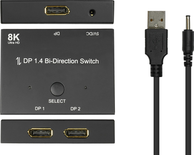 Ndarës DisplayPort Alcasa, 2 porta, 8K 30Hz, i zi