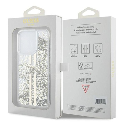 Kapak telefoni Guess Liquid Glitter Gold Stripes, për iPhone 15 Pro Max,transparent