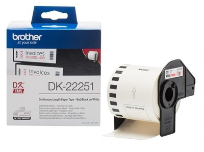 Rrip etiketash Brother DK-22251, 62mm, 15.24m, i bardhë me të kuqe e me të zezë