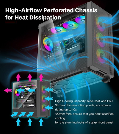 Kullë PC Xilence Xilent Flux X916 ARGB, xham anësor, 4 ventilatorë ARGB, e zezë