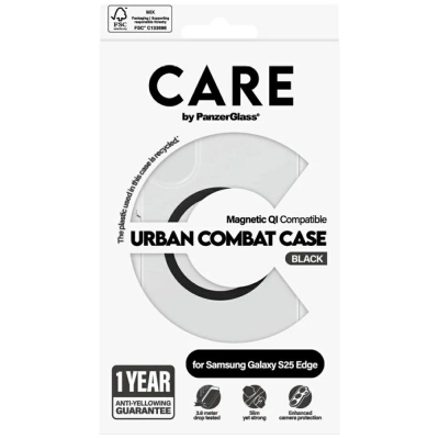 Капак за телефон PanzerGlass CARE Urban Combat, за Samsung Galaxy S25 Edge, компатибилен со Qi, проѕирен со црни детали