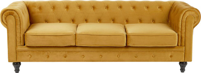 Sofë 3 vendëshe Chesterfield, kadife, stil klasik, ngjyrë mustard