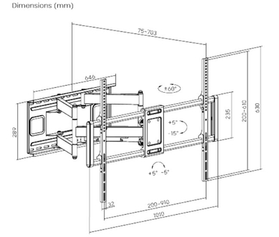 Mbajtëse muri për TV Gembird, 60"-120", Full Motion 120 kg, e zezë