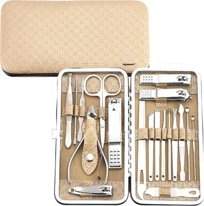 Set për manikyr edhe pedikyr LEAN Toys, 20 pjesë, kuti bezhë