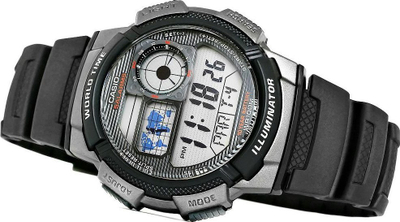 Ora digjitale Casio AE1000W 1B World Time, rezistente 100m, me ndriçim LED, e zezë
