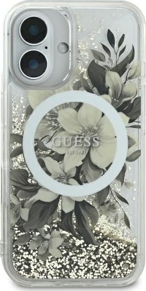 Futrollë Guess GUHMP16SLFMWTE për iPhone 16 6.1", Liquid Glitter, me lule, transparente bezhë