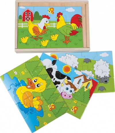 Puzzle druri Dromader “Farm In A Little Box”, 4 puzzle, me kuti druri, shumëngjyrësh