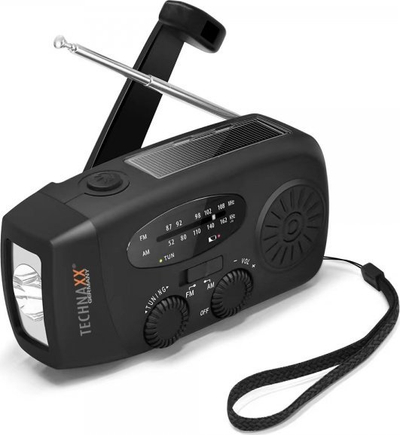 Radio portabël Technaxx TX-238, analoge edhe digjitale, me dinamo edhe panel diellor, e zezë