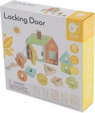 Lodër druri edukative TEDDIES Locking Door, sorter formash, 11 pjesë, shumëngjyrëshe