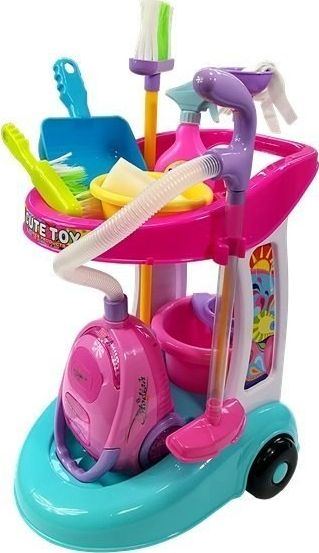 Set pastrimi lodër Leantoys Cleaning Set, me karrocë dhe fshesë me korrent, rozë me ngjyra