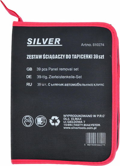 Set veglash për heq tapicerie Silver S10274, 39 pjesë, në valixhe stofi, e zezë