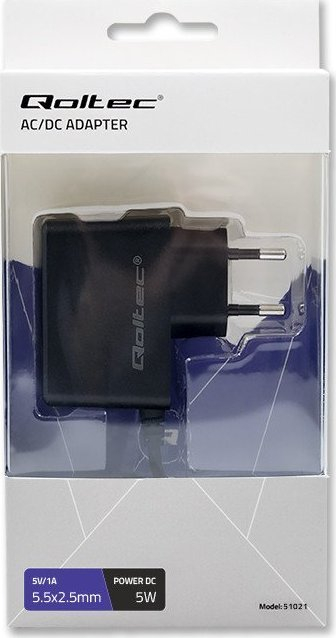 Karikues prizë Qoltec Plug in, 5W 5V 1A, prizë 5.5x2.5mm, i zi