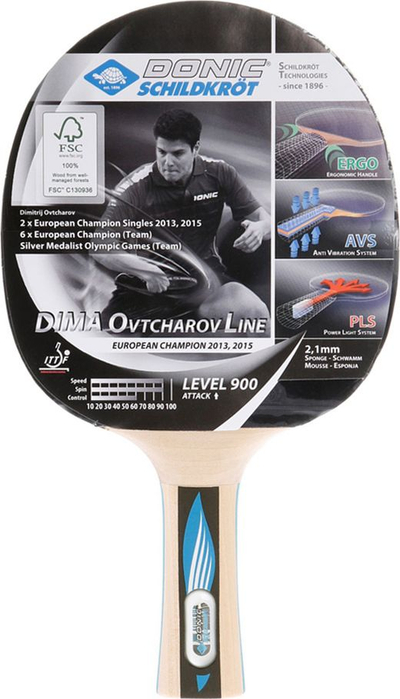 Raketë pingpongu Donic Ovtcharov 900, sfungjer 2.1mm, dorezë ergonomike, kuqe e zezë