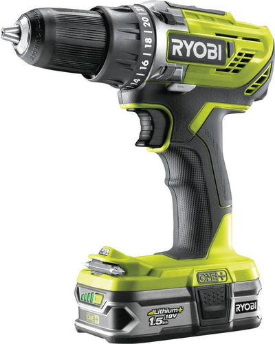 Trapano/vidhosëse pa kabllo Ryobi R18DD3-215S, 18V, bateri 1.5Ah Li-Ion, jeshile e zezë