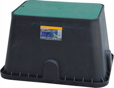 Kuti valvulash ujitjeje Greenmill Aquasystem GB6904, plastike, për deri 4 valvula, e zezë me kapak të gjelbër