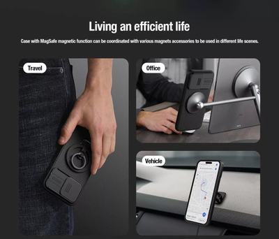 Këllëf telefoni NILLKIN CamShield Pro Magnetic për iPhone 15 Pro Max, MagSafe, mbrojtje kamere, i zi