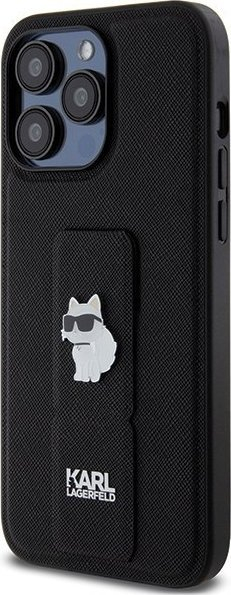 Kfutëzë telefoni Karl Lagerfeld Gripstand Saffiano Choupette Pins, për iPhone 13 Pro Max, e zezë