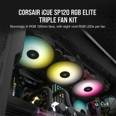 Set me ventilatorë CORSAIR iCUE SP120 RGB ELITE, 120mm, PWM, 1500 RPM, ngjyrë e zezë