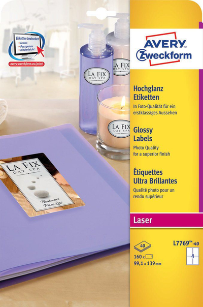 Etiketa glossy Avery Zweckform L7769-40, 99.1 x 139 mm, të bardha