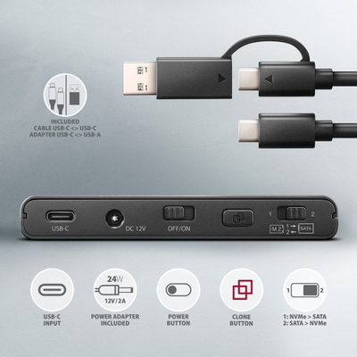 Docking station Axagon ADSA-CC USB-C 10Gbps - NVMe M.2 SSD & SATA 2.5"/3.5"