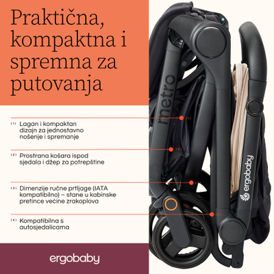 Karrocë bebe Ergobaby Metro 3, kompakte urbane, palosje me një dorë, e zezë Onyx