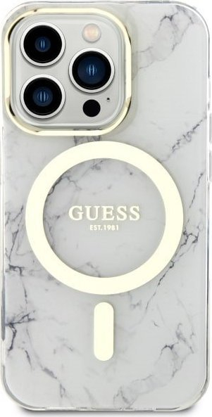 Mbështjellës telefoni Guess GUHMP14LPCUMAH Marble MagSafe, për iPhone 14 Pro 6.1", motiv mermeri, i bardhë