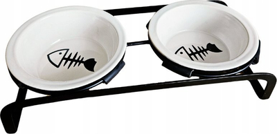 Set tasa për mace BarryKing, 2 tasa qeramike me mbajtëse hekuri, 12cm, bardh e zi