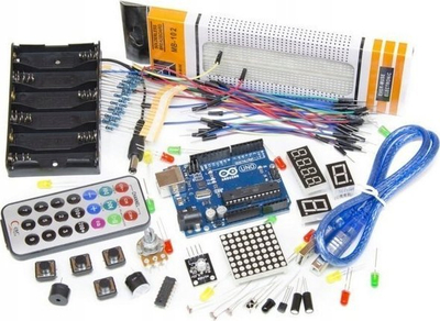 Kit startues Arduino Uno R3, bord zhvillimi, kabllo edhe gjëra të tjera, shumëngjyrësh