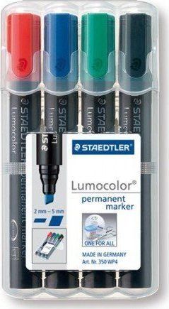 Set markerash permanent Staedtler Lumocolor 350 WP4, majë e prerë, 4 copë, shumëngjyrëshe