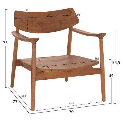 Fotelë lounge Ranger HM18255.01, dru teak, 70x73x73 cm, ngjyrë natyrale