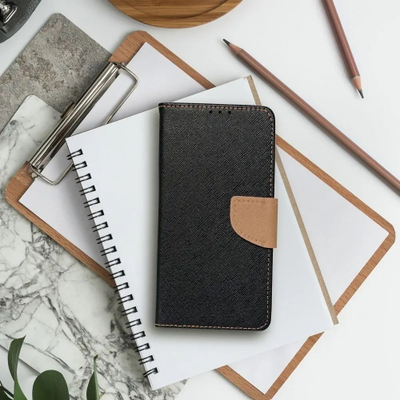 Mbulesë libri OEM Fancy, për iPhone 14 Plus, funksion stand, e zezë me ngjyrë ari