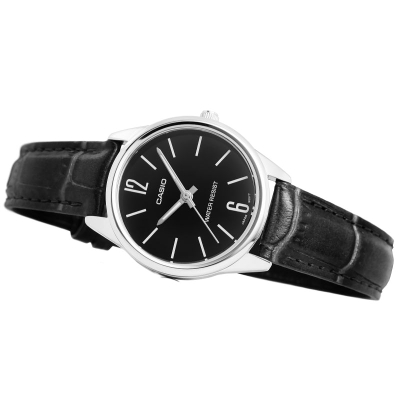 Ore dore Casio LTP-V005L-1BUDF, analoge, për femra, rrip lëkure, e zezë
